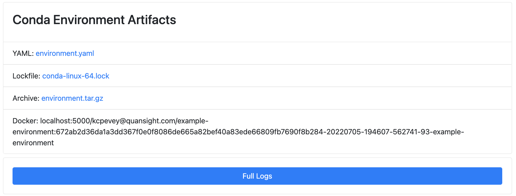 conda-store UI - Sample environment build details page: showing the conda environment artifacts