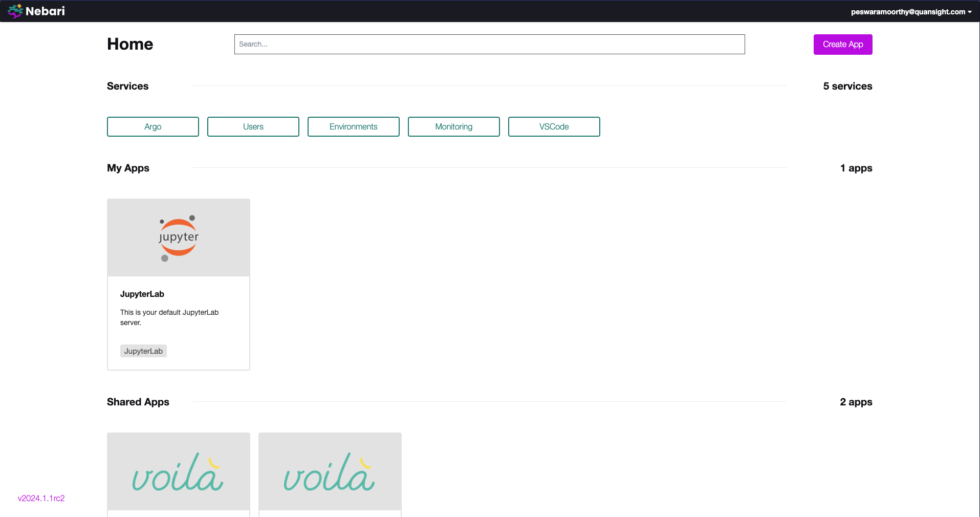 Nebari home page with Services: JupyterLab, Argo, Users, Environments, Monitoring, VSCode; My Apps: JupyterLab (default JupyterLab instance); and Shared Apps.